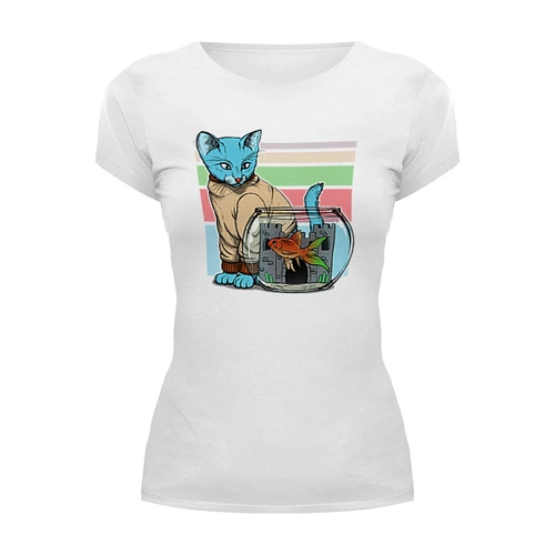 Заказать женскую футболку в Москве. Футболка базовая Кошка с рыбкой от T-shirt print  - готовые дизайны и нанесение принтов.