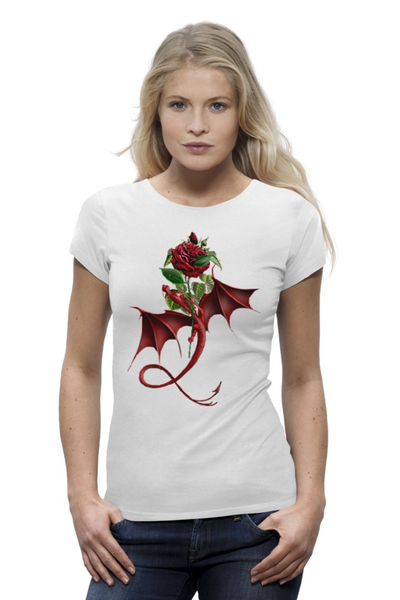 Заказать женскую футболку в Москве. Футболка базовая дракон с красной розой от libertas749 - готовые дизайны и нанесение принтов.