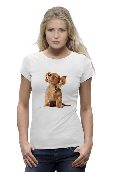 Заказать женскую футболку в Москве. Футболка базовая собачка в наушниках от godsmack - готовые дизайны и нанесение принтов.