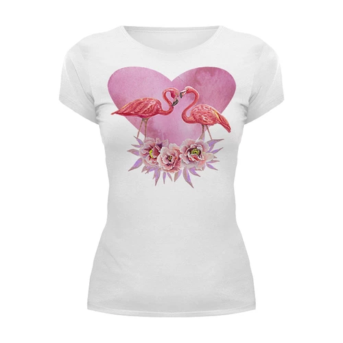 Заказать женскую футболку в Москве. Футболка базовая Влюблённые фламинго от annka152@gmail.com - готовые дизайны и нанесение принтов.