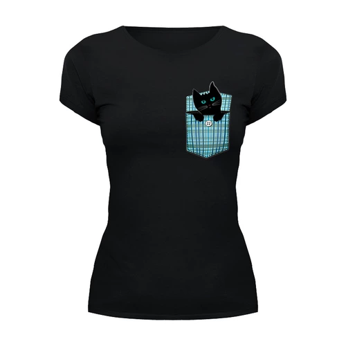 Заказать женскую футболку в Москве. Футболка базовая Черный карманный кот от PolinaPo - готовые дизайны и нанесение принтов.