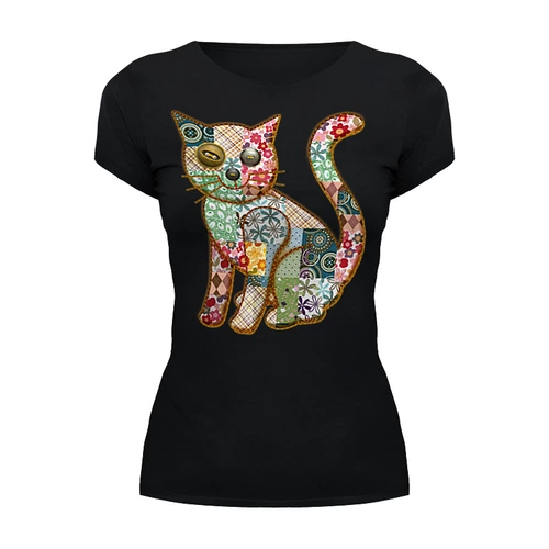 Заказать женскую футболку в Москве. Футболка базовая Лоскутный кот от Xieros - готовые дизайны и нанесение принтов.