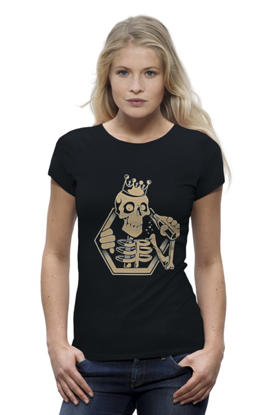 Заказать женскую футболку в Москве. Футболка базовая Skeleton king drinking beer от Leichenwagen - готовые дизайны и нанесение принтов.