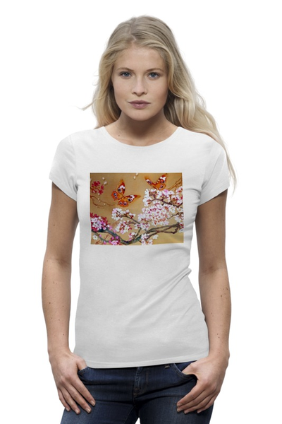 Заказать женскую футболку в Москве. Футболка базовая Бабочки на цветущей вишне. от etherealmist - готовые дизайны и нанесение принтов.