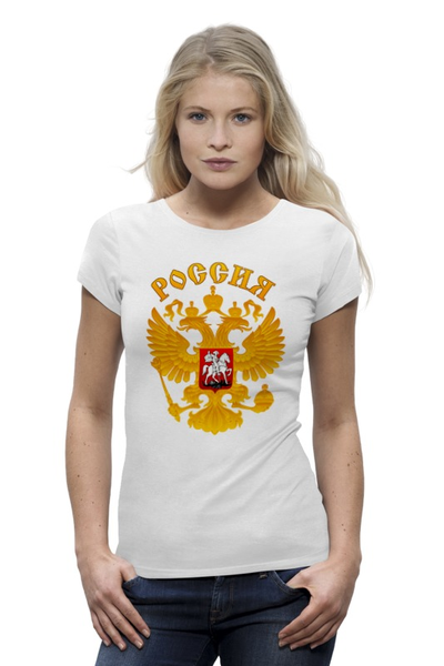 Заказать женскую футболку в Москве. Футболка базовая Россия герб от gopotol - готовые дизайны и нанесение принтов.