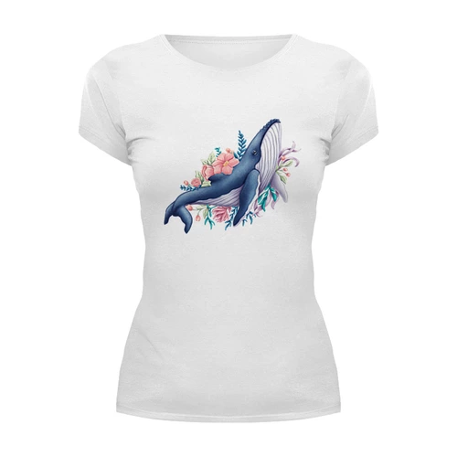 Заказать женскую футболку в Москве. Футболка базовая Синий кит с цветами от tigerda  - готовые дизайны и нанесение принтов.