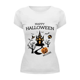 Заказать женскую футболку в Москве. Футболка базовая Happy Halloween castle от phantomwork@yandex.ru - готовые дизайны и нанесение принтов.