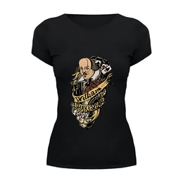 Заказать женскую футболку в Москве. Футболка базовая шекспир тату черная от zukak@mail.ru - готовые дизайны и нанесение принтов.