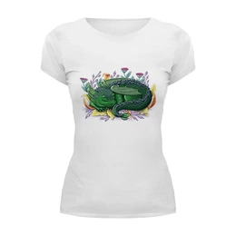 Заказать женскую футболку в Москве. Футболка базовая Зеленый дракон в листьях от tigerda  - готовые дизайны и нанесение принтов.