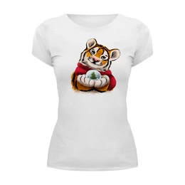 Заказать женскую футболку в Москве. Футболка базовая Тигр со снежным шаром от tigerda  - готовые дизайны и нанесение принтов.