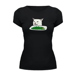 Заказать женскую футболку в Москве. Футболка базовая Озадаченный кот от DESIGNER   - готовые дизайны и нанесение принтов.