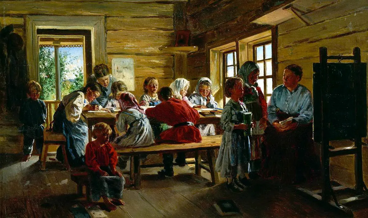 В. Маковский, «В сельской школе» (1883)