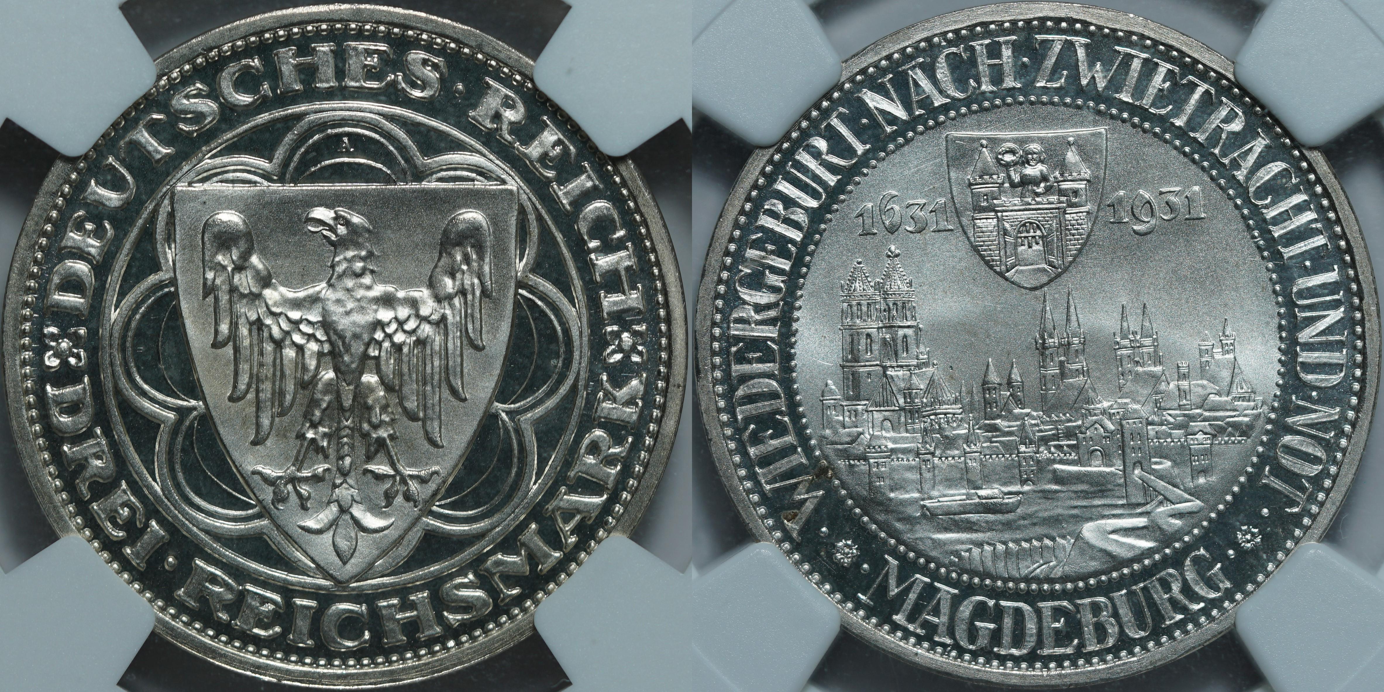3 рейхсмарки 1931-A PF68 ULTRA CAMEO NGC