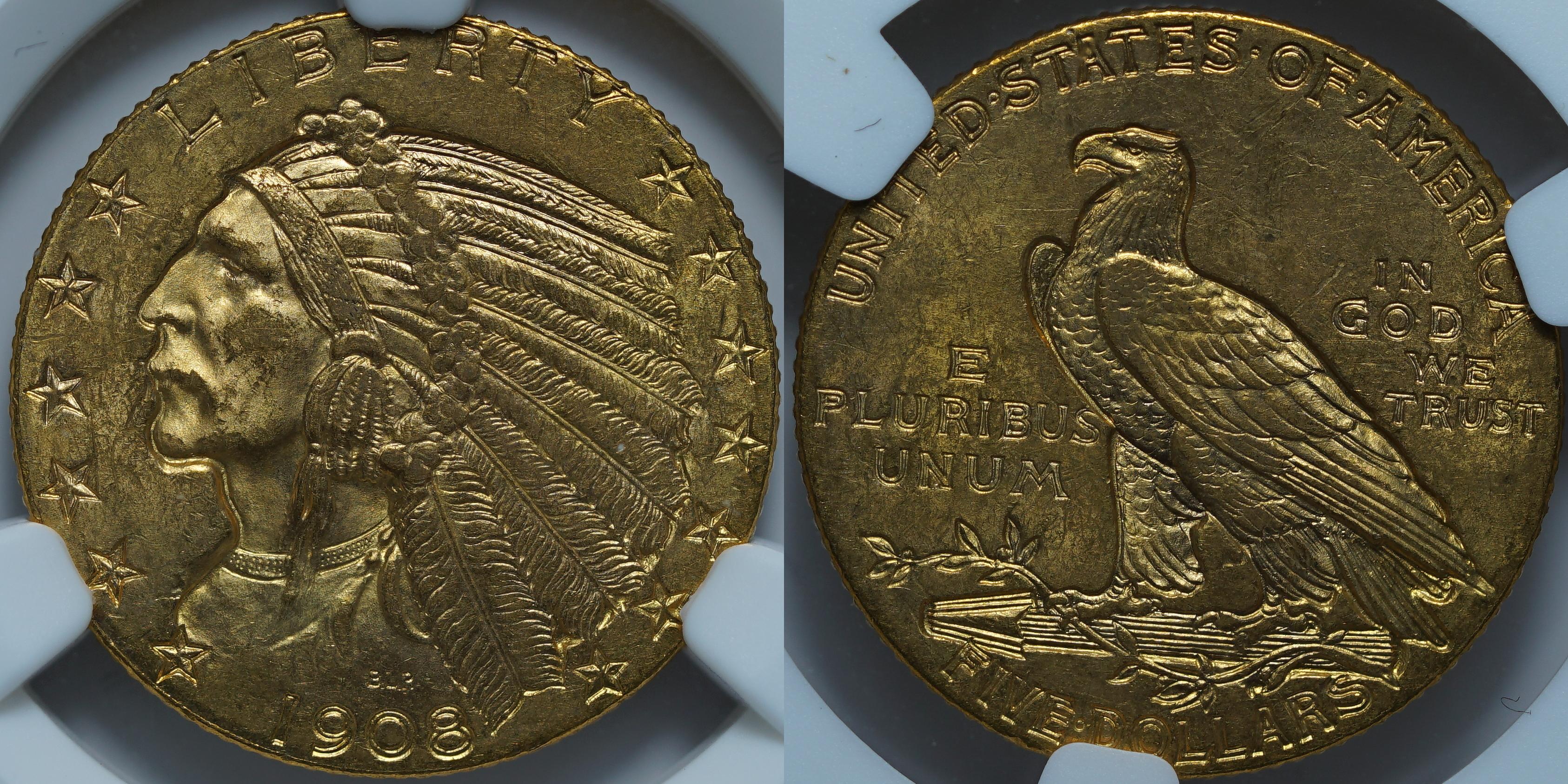 5 долларов 1908 MS63 NGC