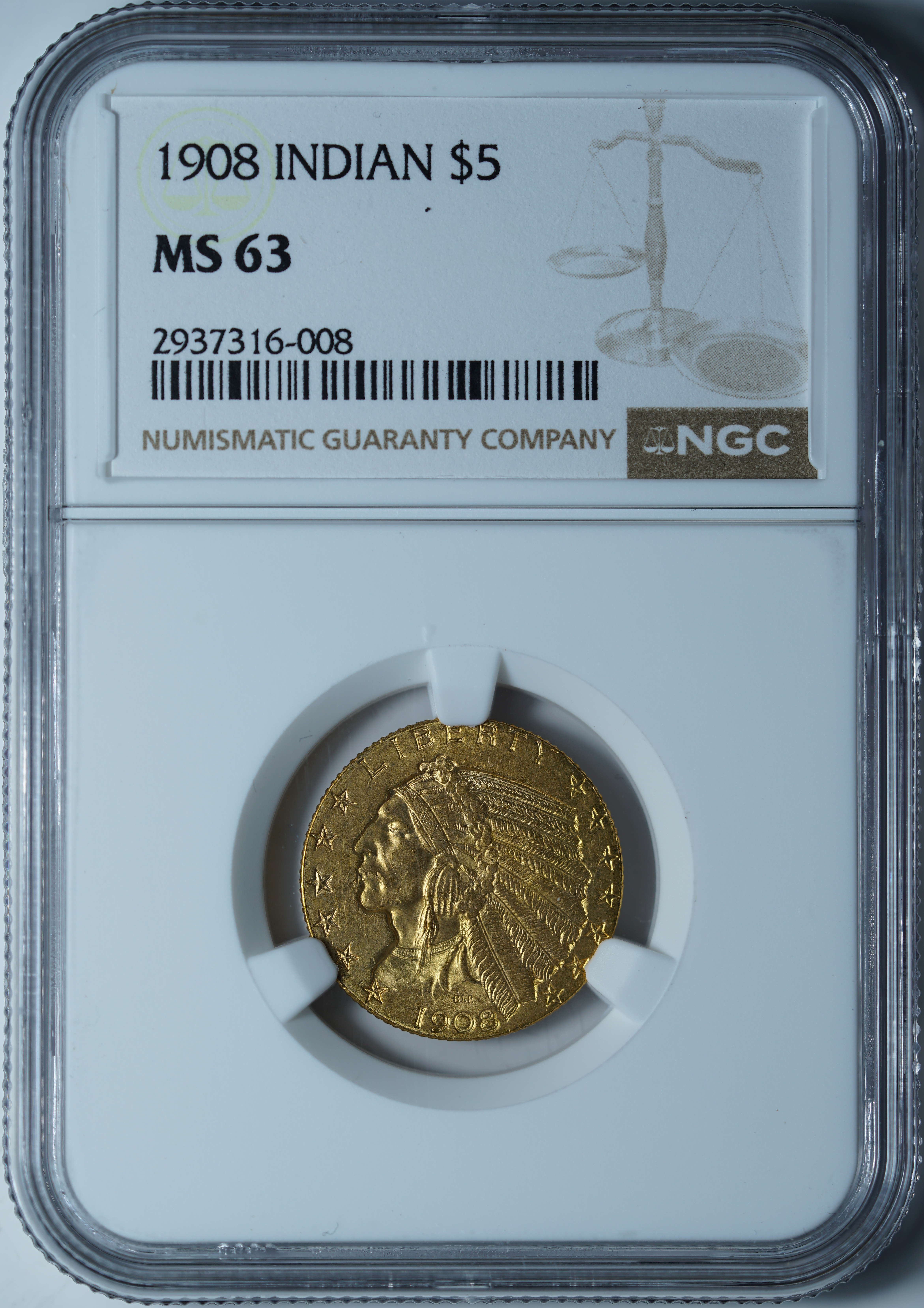 5 долларов 1908 MS63 NGC