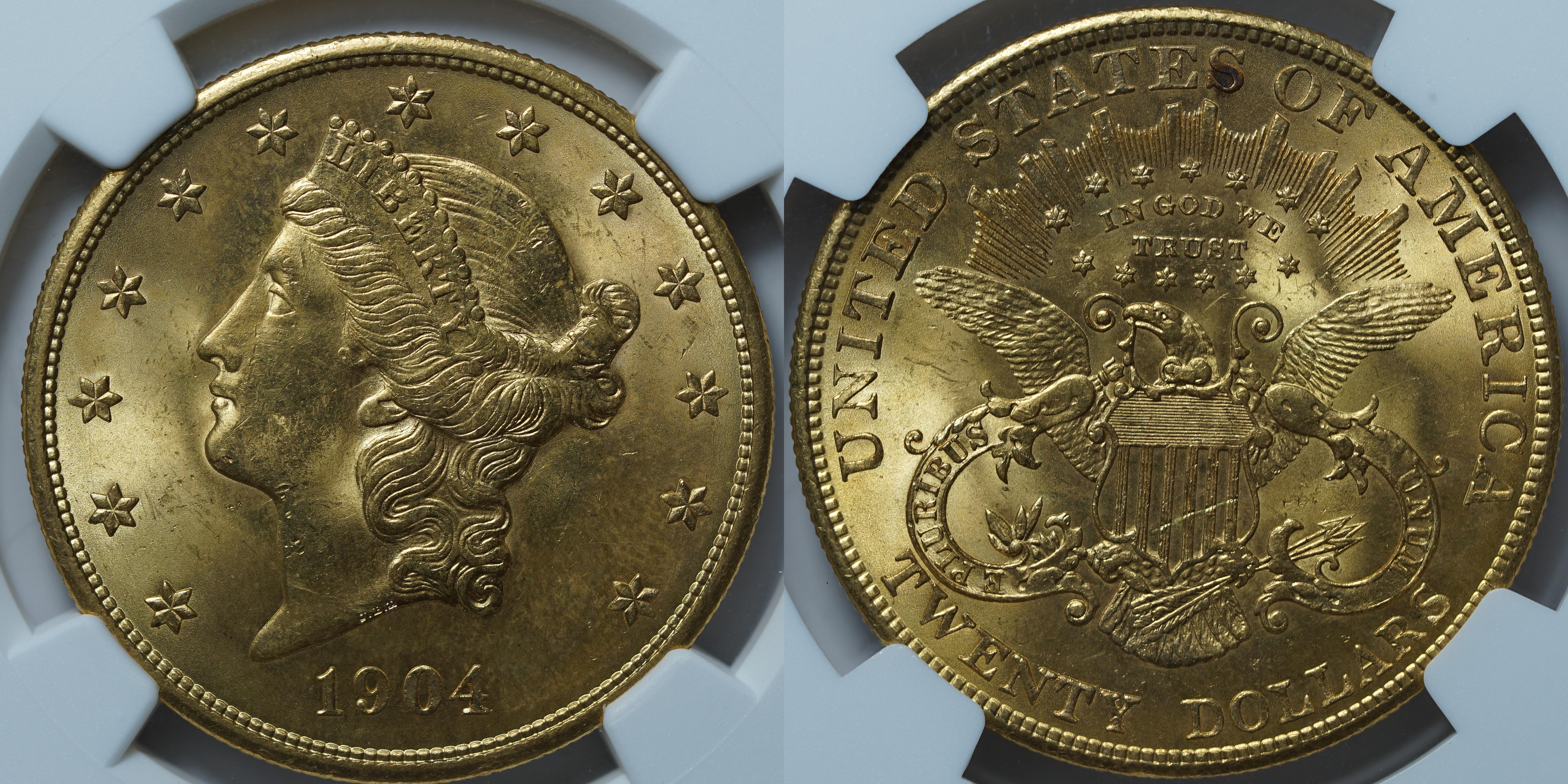 20 долларов 1904 MS65 NGC
