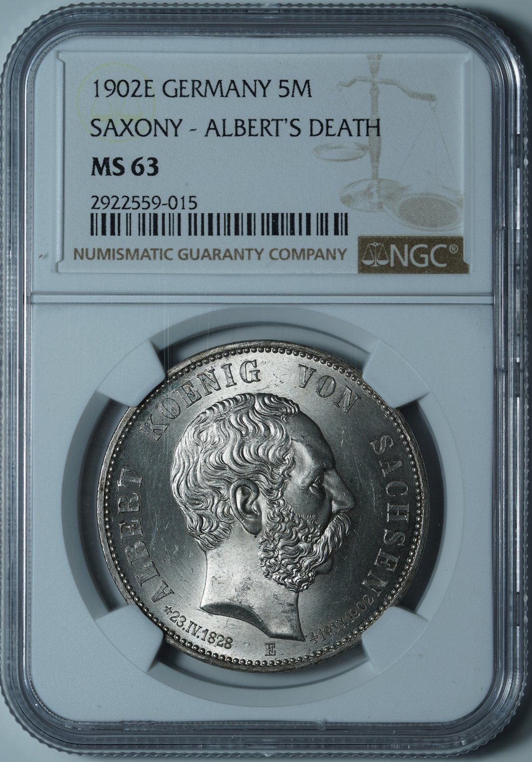 5 марок 1902 E MS63 NGC