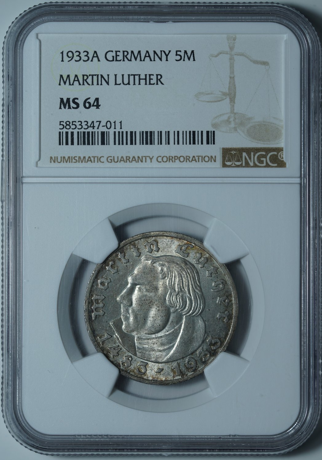 5 рейхсмарок 1933 A MS64 NGC