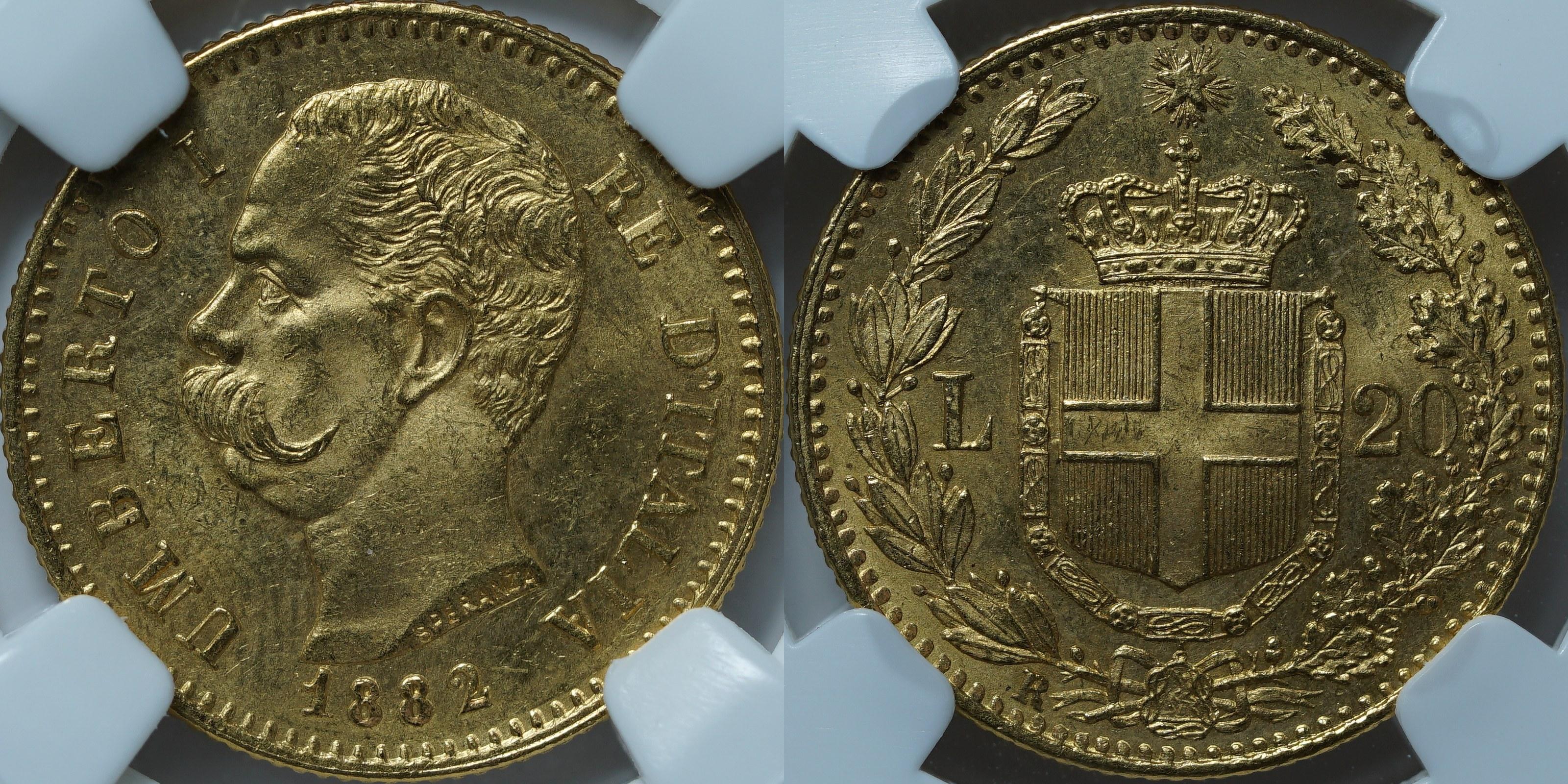 20 лир 1882 R MS64 ННР