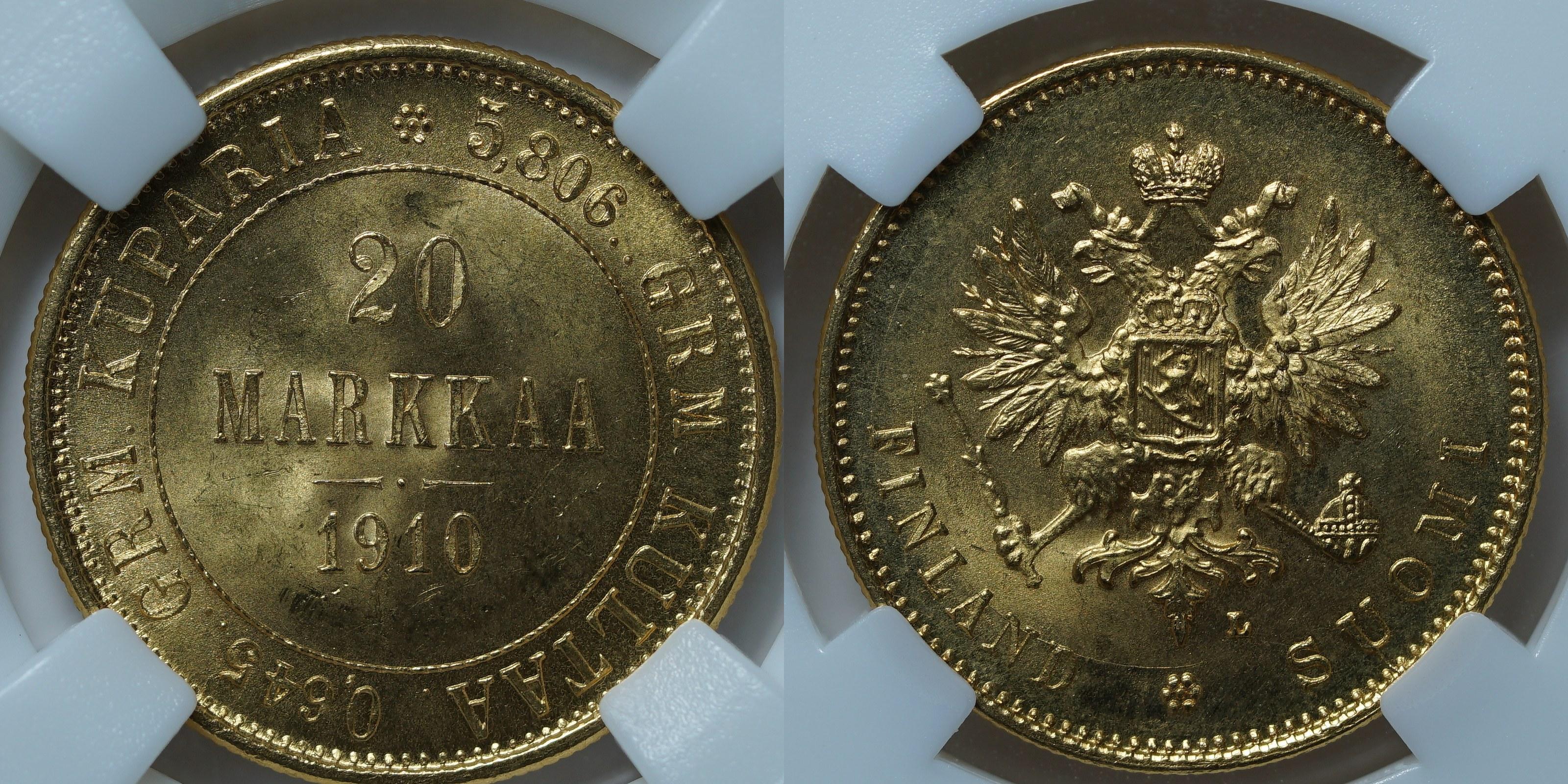 20 марок 1910 MS65 ННР