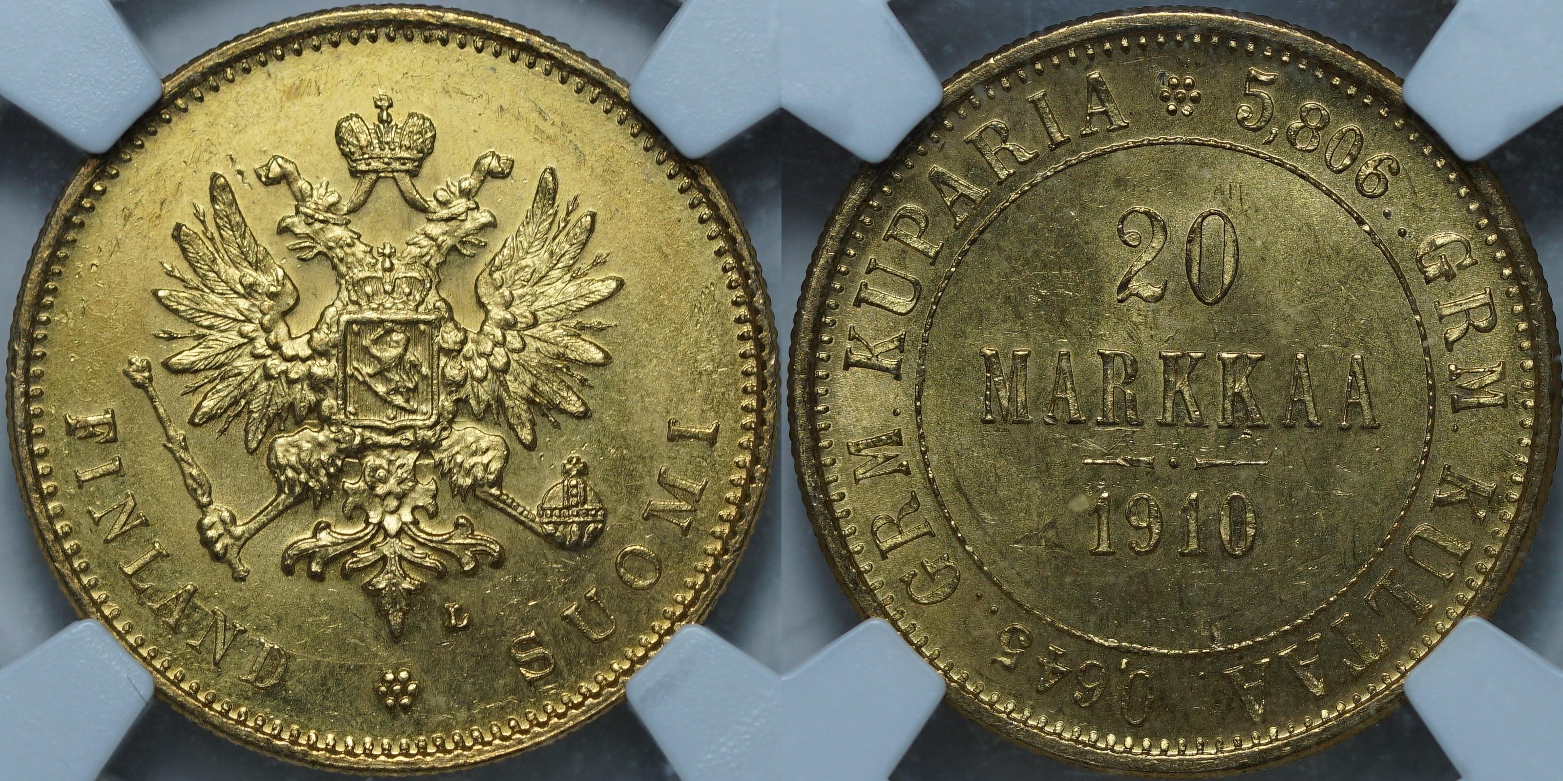 20 марок 1910 L MS64+ NGC