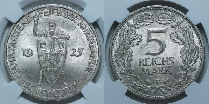 5 рейхсмарок 1925 F MS65 ННР