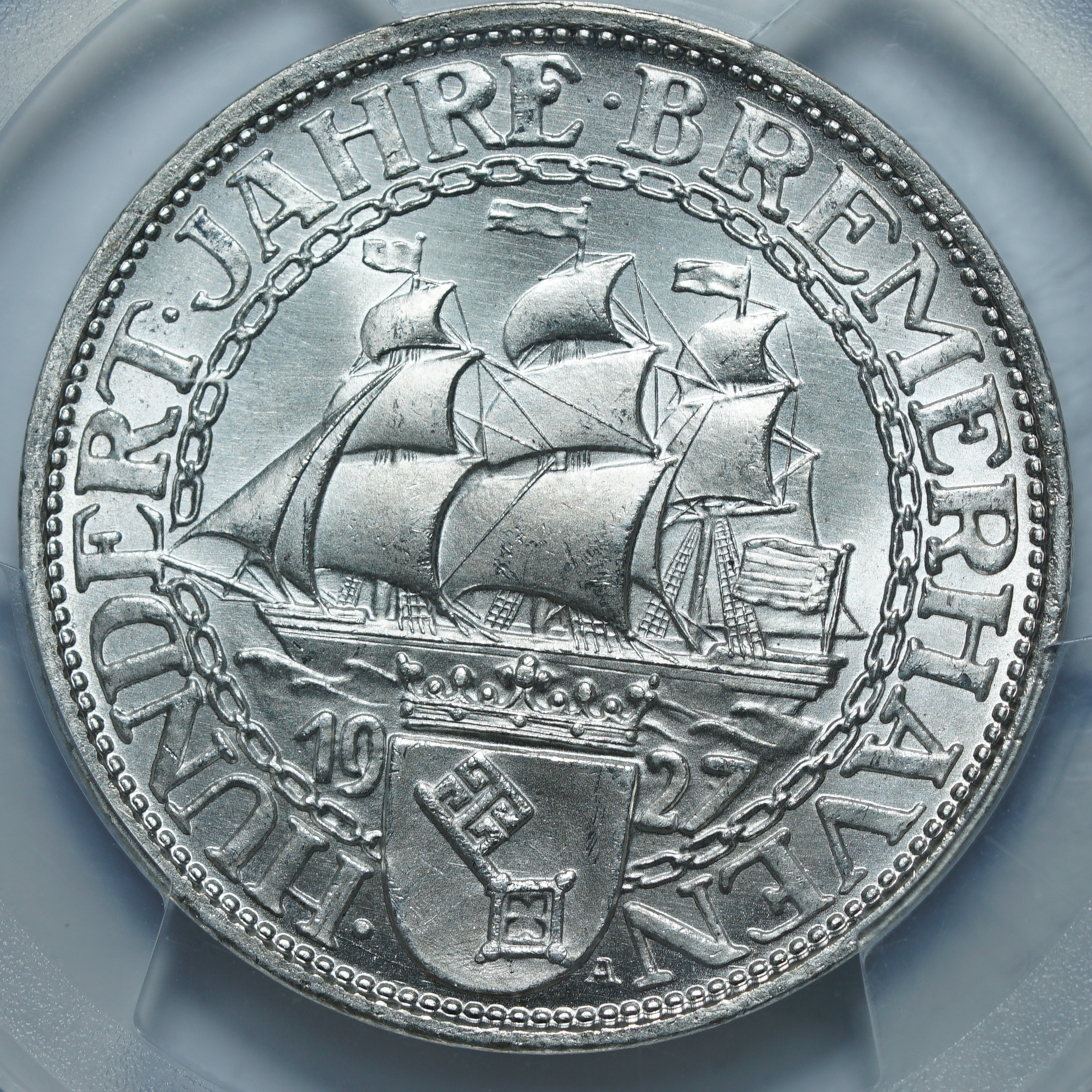 3 рейхсмарки 1927 A MS66 PCGS