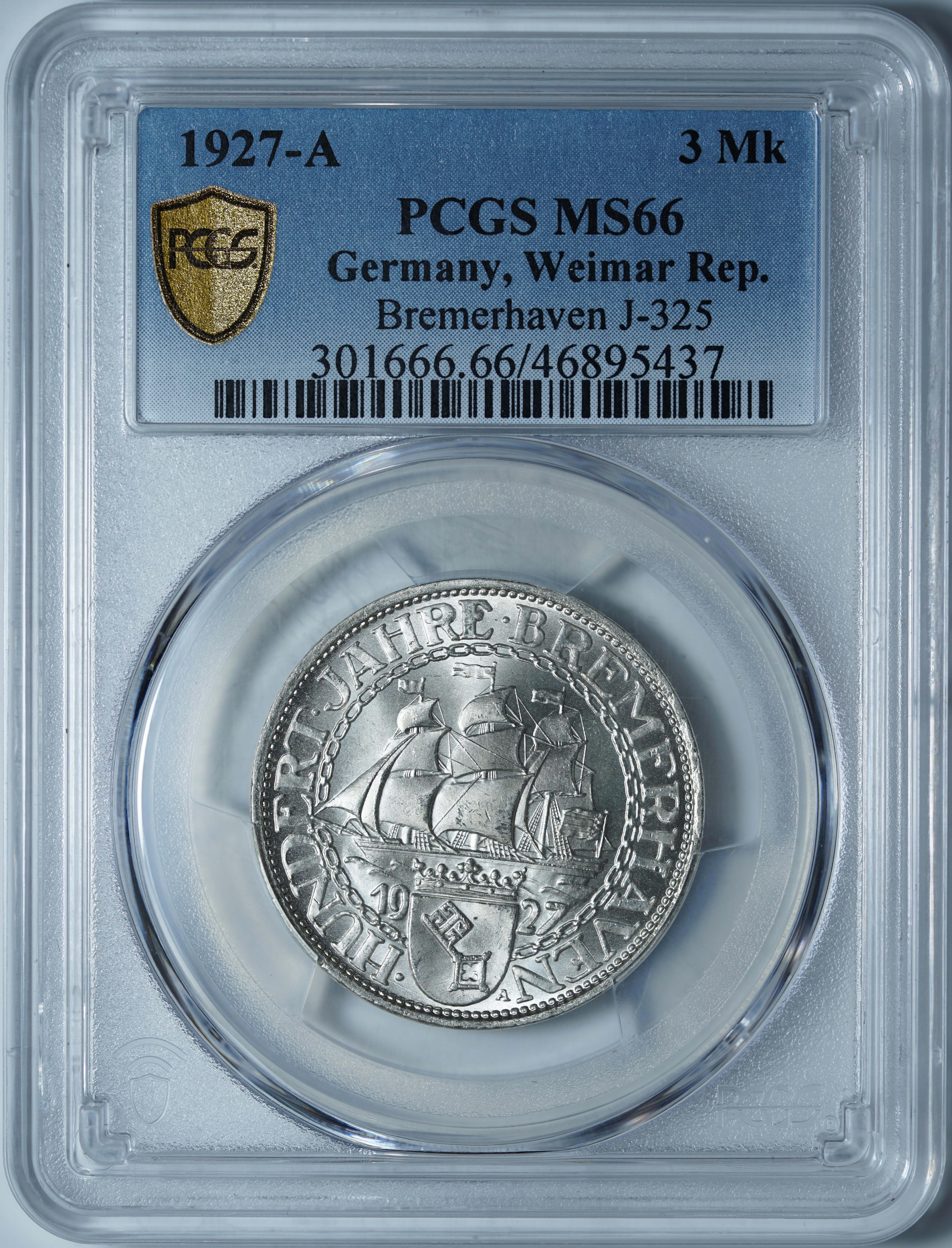 3 рейхсмарки 1927 A MS66 PCGS