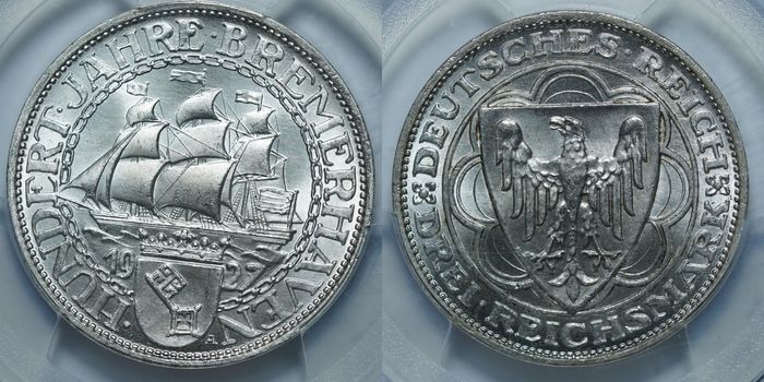 3 рейхсмарки 1927 A MS66 PCGS