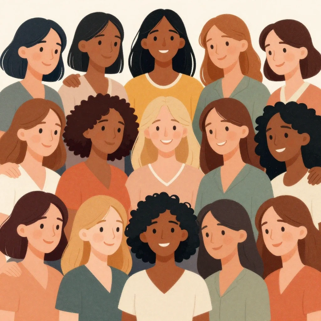 An artistic illustration of a diverse group of women of diff...