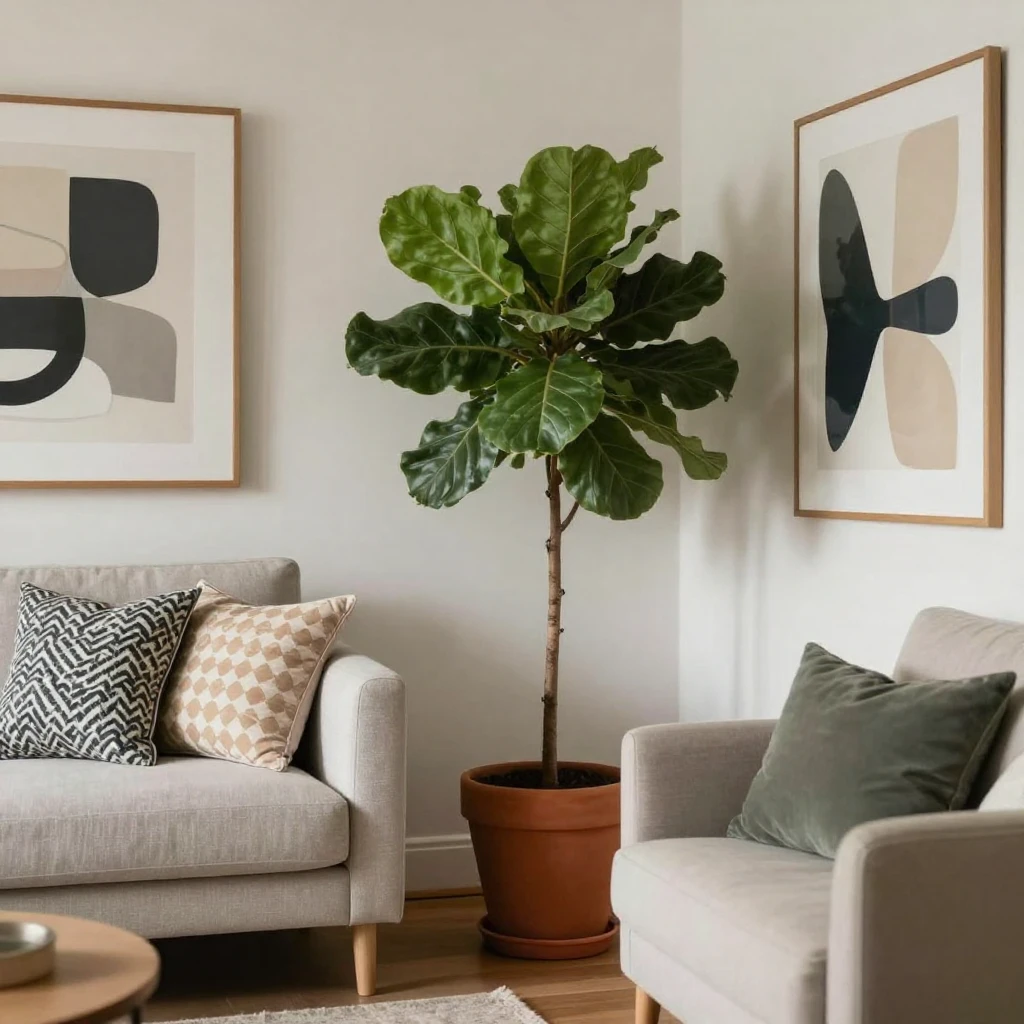 An artistic depiction of a stylish living room interior, bat...