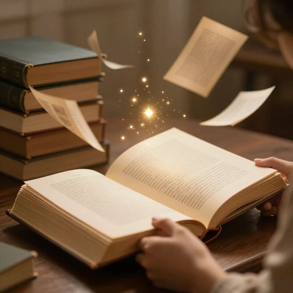 A person engrossed in a large, open book, illuminated by sof...