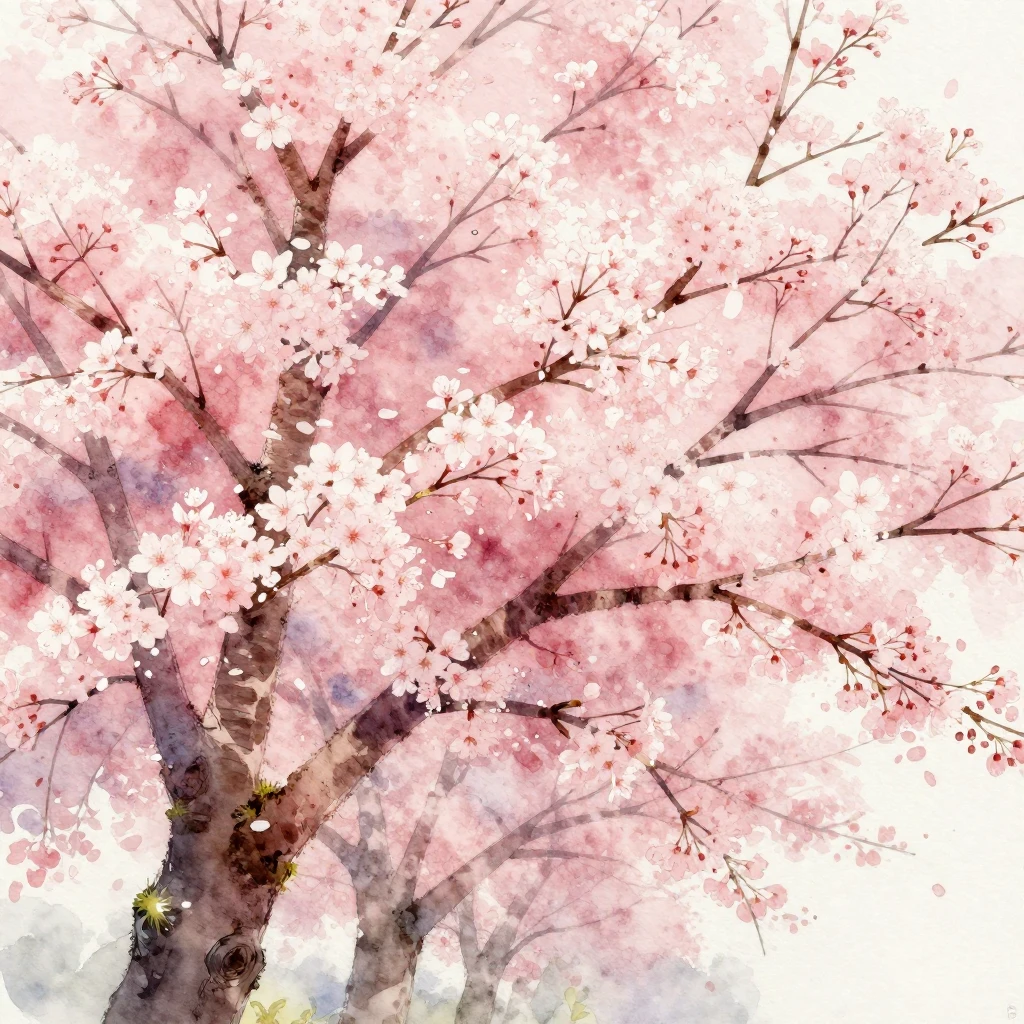 A watercolor painting of a cherry blossom tree in full bloom...