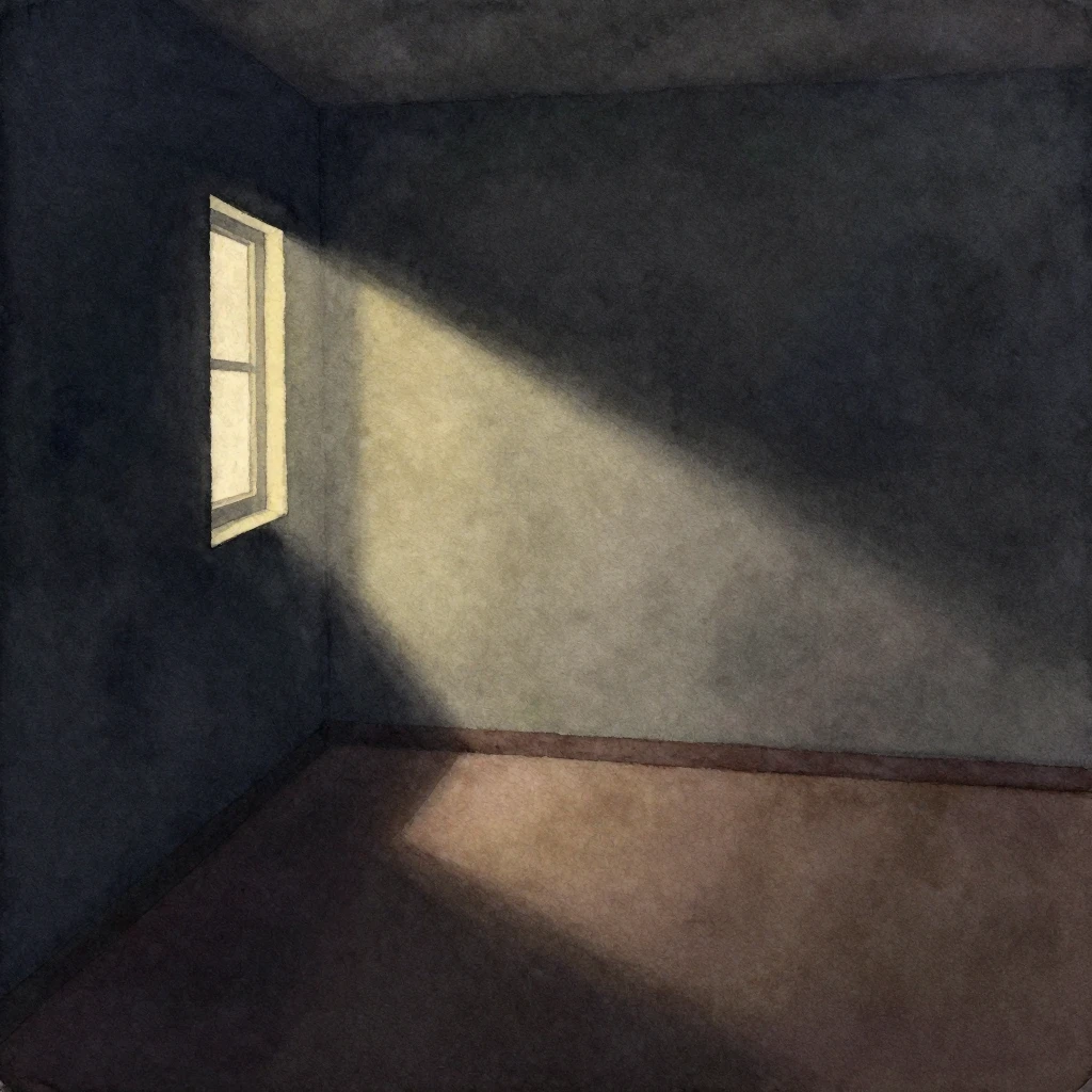 Watercolor painting of a dark room interior at night. A soft...
