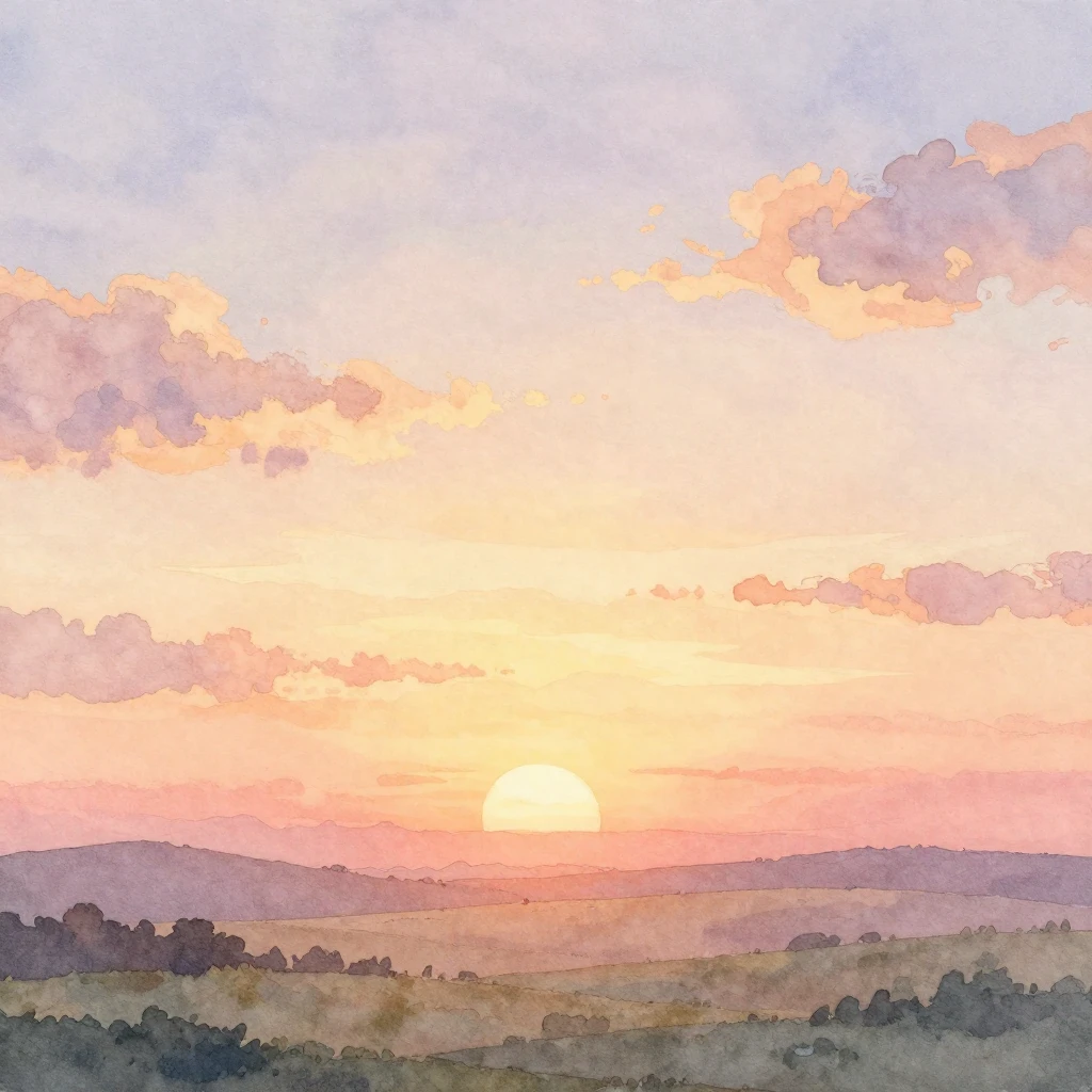 A watercolor painting of a beautiful sunrise over a gentle l...