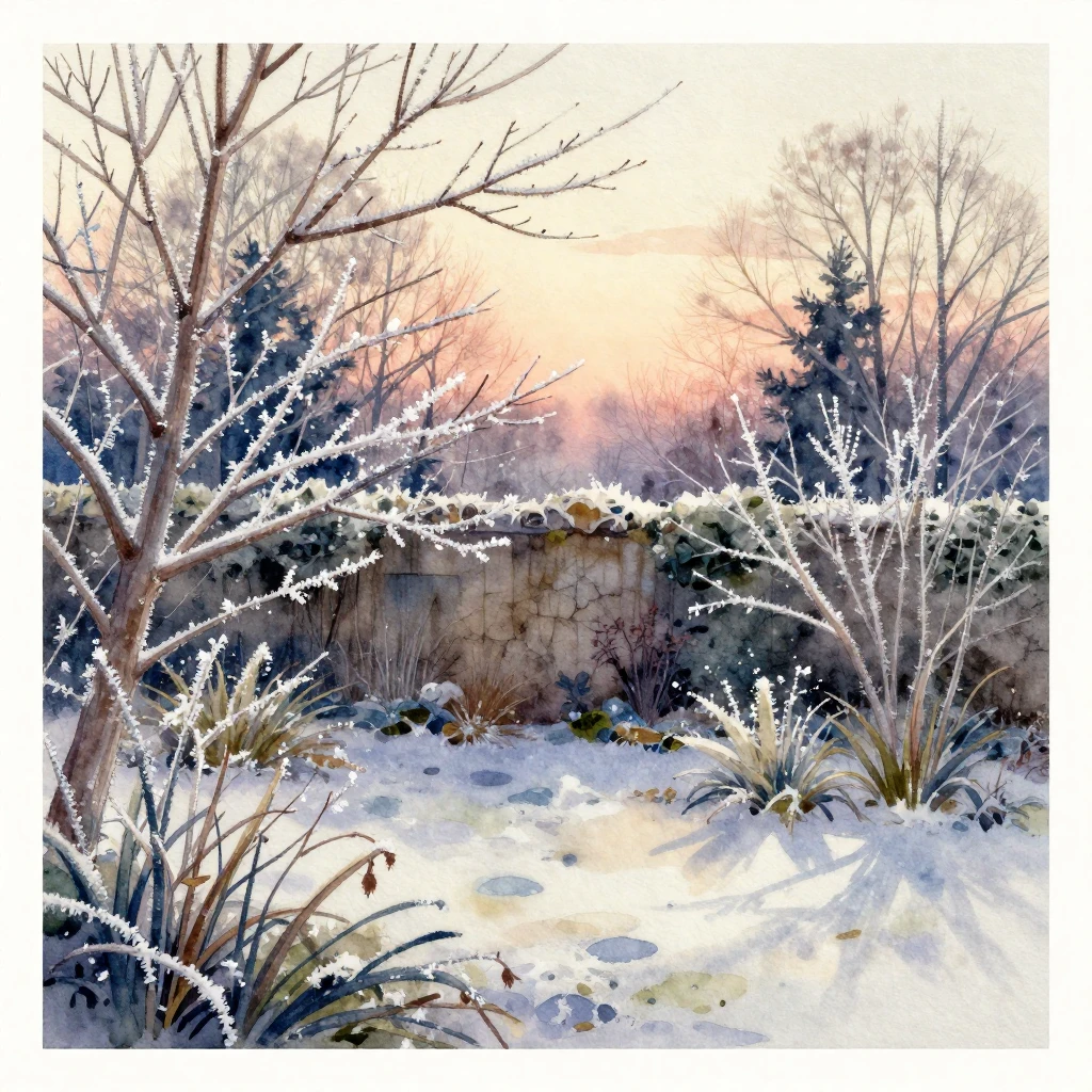 A watercolor painting of a serene winter garden at twilight,...