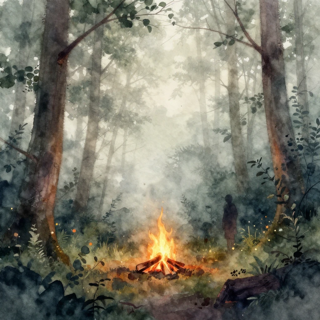 A misty forest scene with soft light filtering through the t...