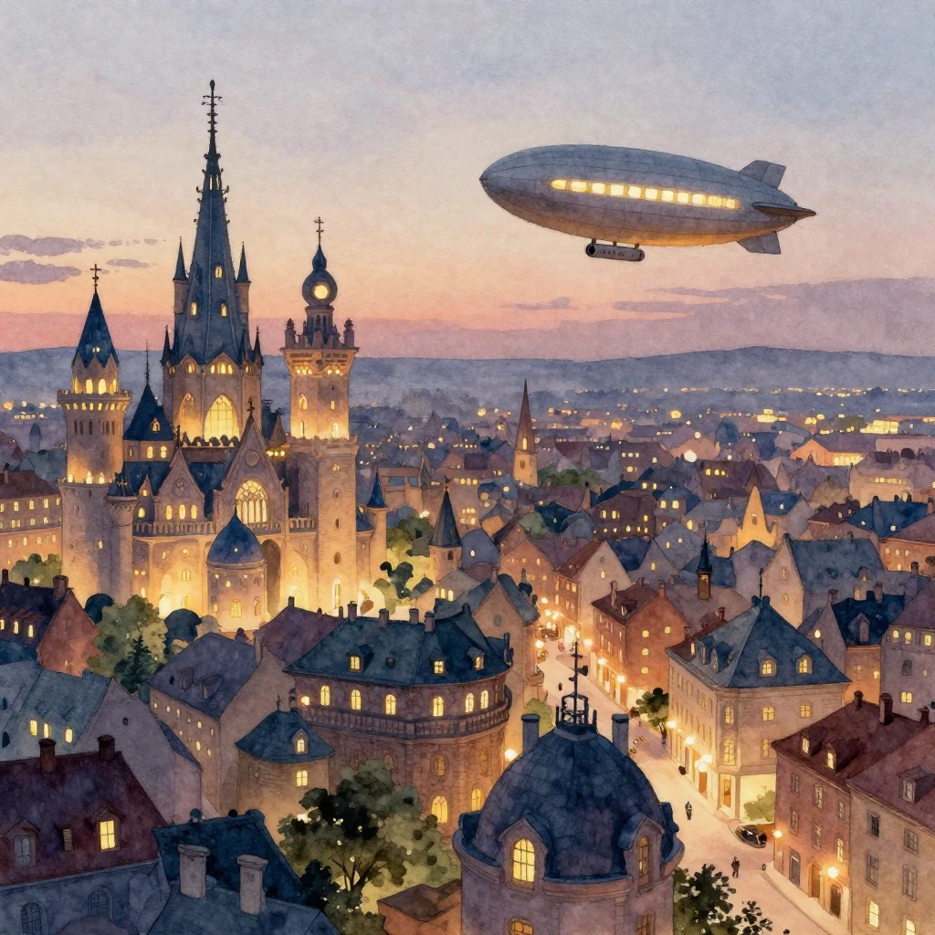 A fantastical city at dusk, with unique architecture and glo...