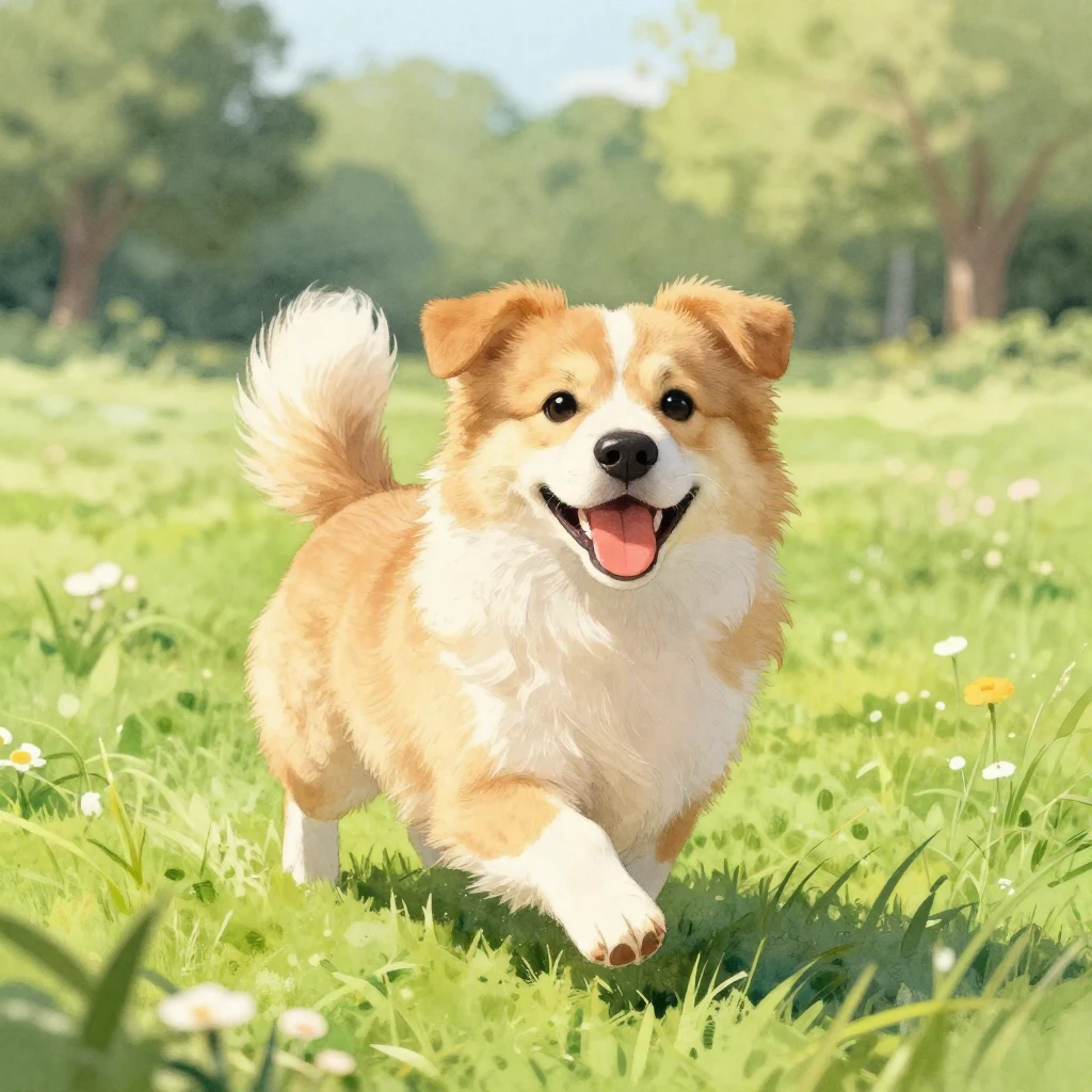 A charming watercolor painting of a happy dog playing in a v...