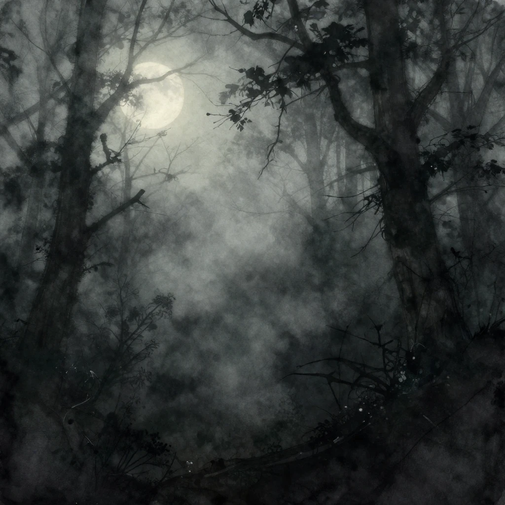 A dark forest edge shrouded in thick, eerie fog under a pale...
