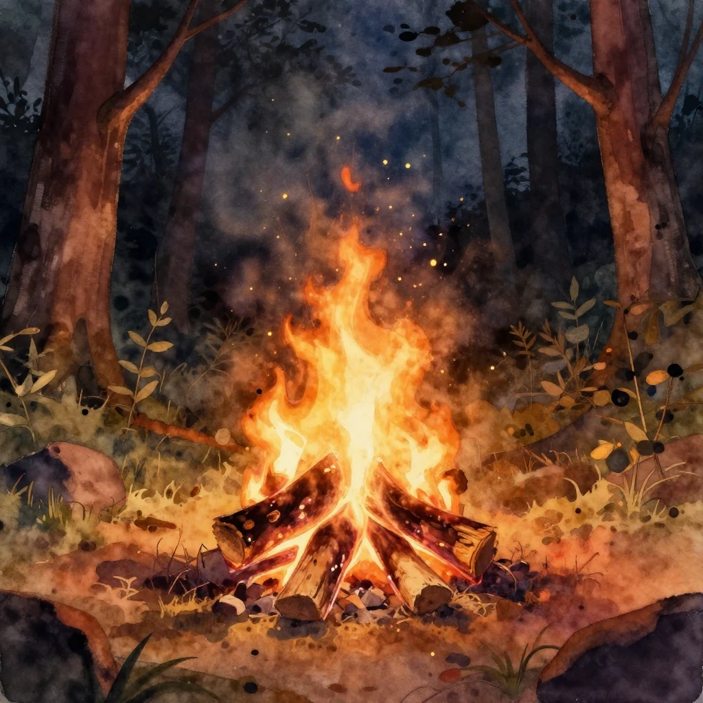 A glowing campfire at night in a forest clearing. Soft light...