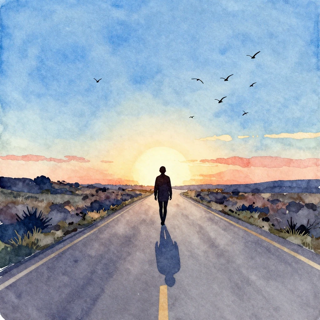 A watercolor painting focusing on a lone silhouette of a per...