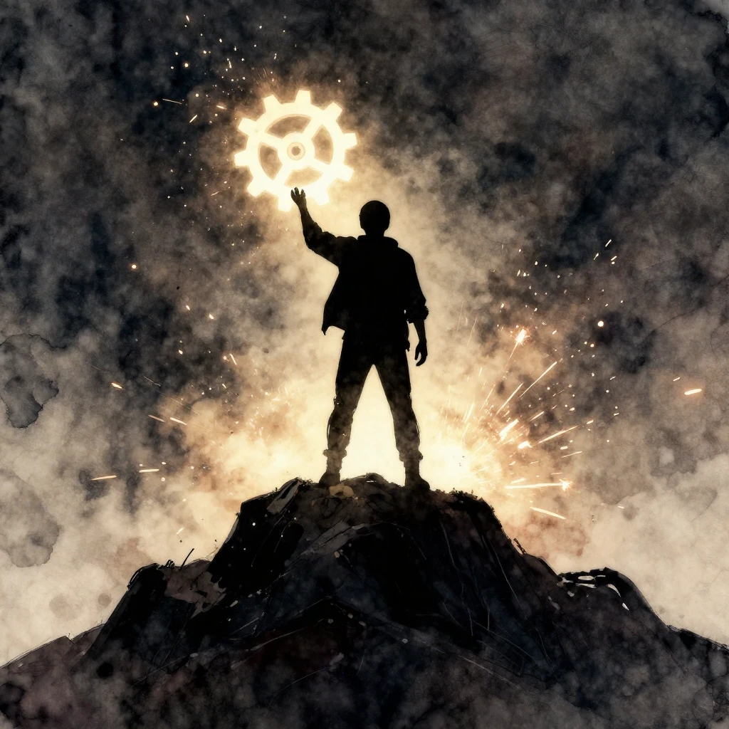 A dark silhouette of a person standing on a mountain peak, h...