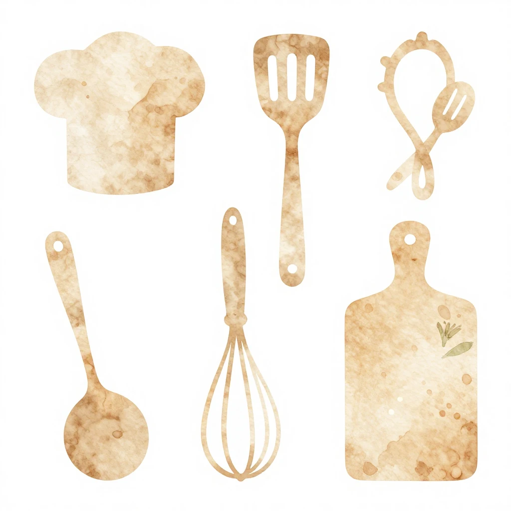 Minimalist watercolor silhouette of various kitchen utensils...