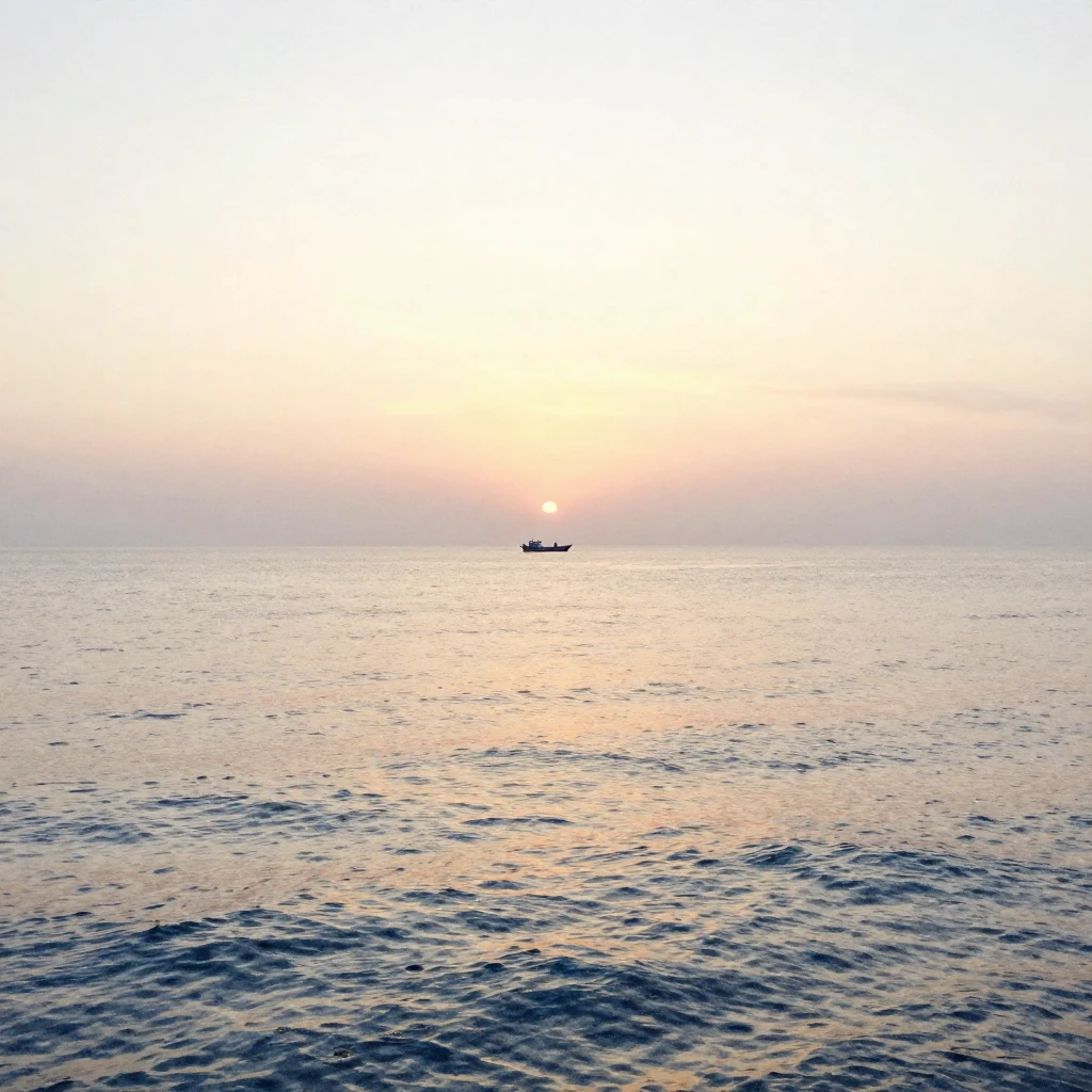 A wide shot of a serene ocean horizon at dawn, with soft, wa...