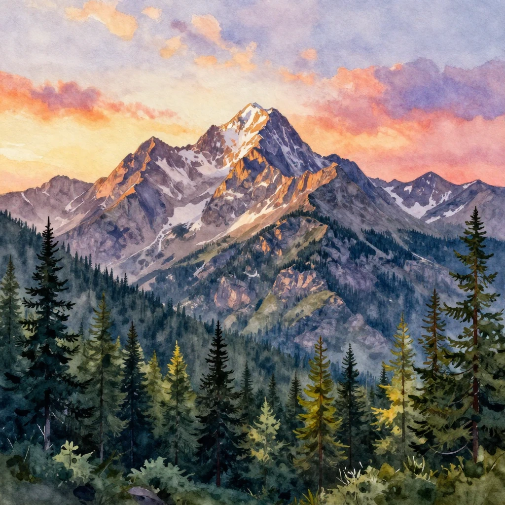 Watercolor painting of the majestic Ural Mountains landscape...