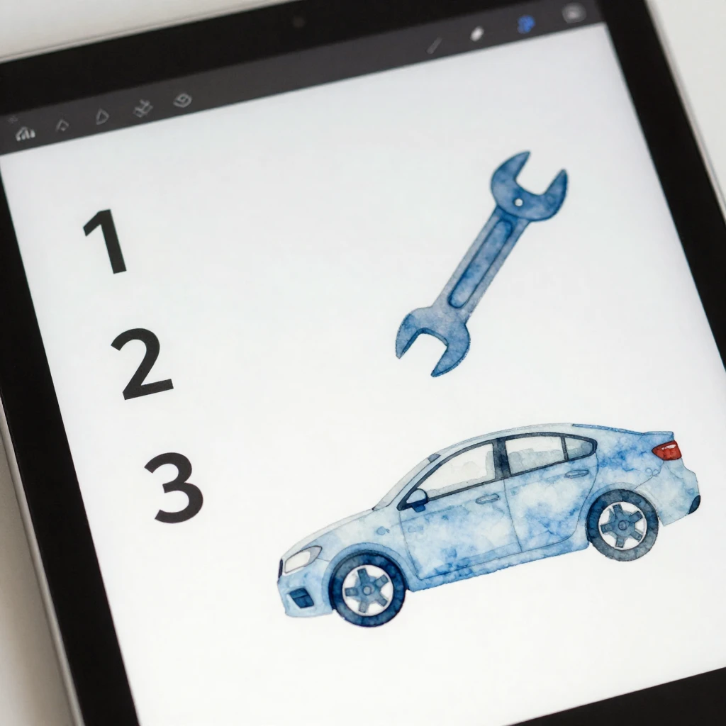 Watercolor style close-up of a digital tablet showing a car ...