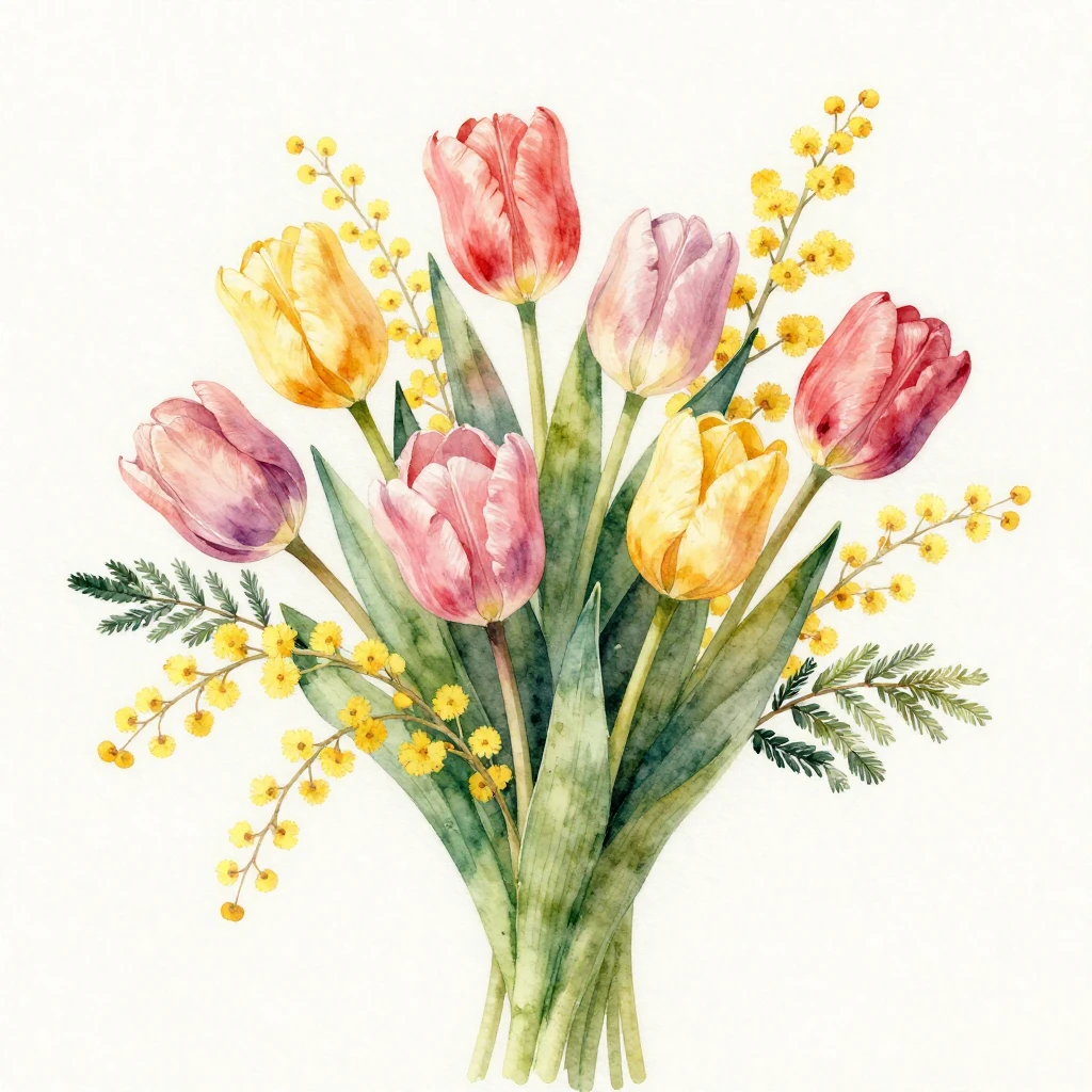 Watercolor painting of an elegant spring bouquet featuring t...