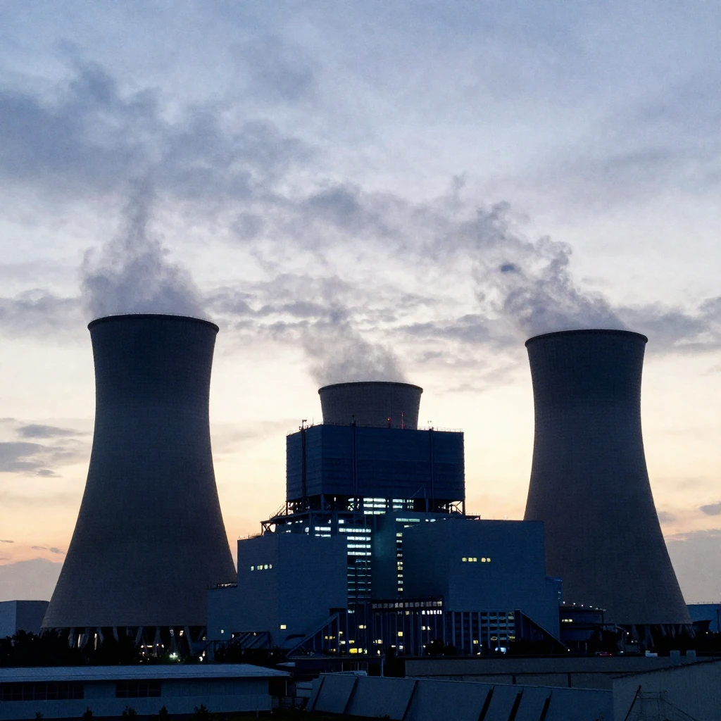 A watercolor silhouette of a large, modern power plant again...