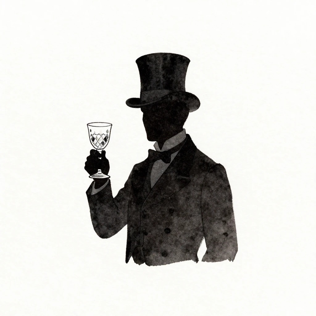 Minimalist silhouette of a man in a top hat holding a sparkl...